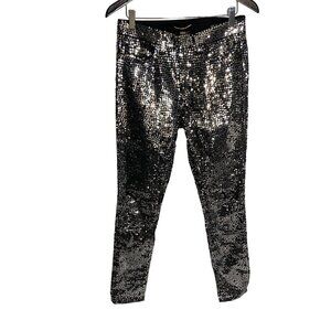 Saint Laurent Paris Sewn Sequins Cotton Denim Jeans, Silver YSL-sz 28